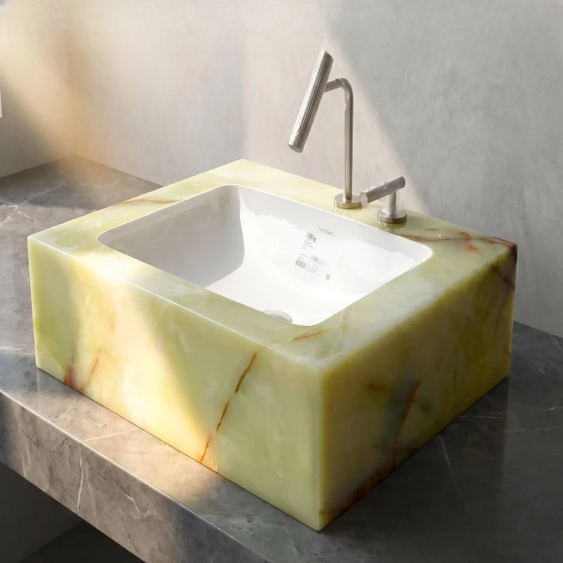 

Natural retro integrated wall-mounted marble square art washbasin matte surface single hole faucet