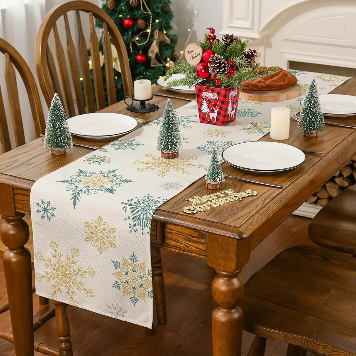 1Pc Winter Snowflake Table Runner Cream Gold Green Floral Print Table Cover For Dining Kitchen Christmas Party Decoration Tablet