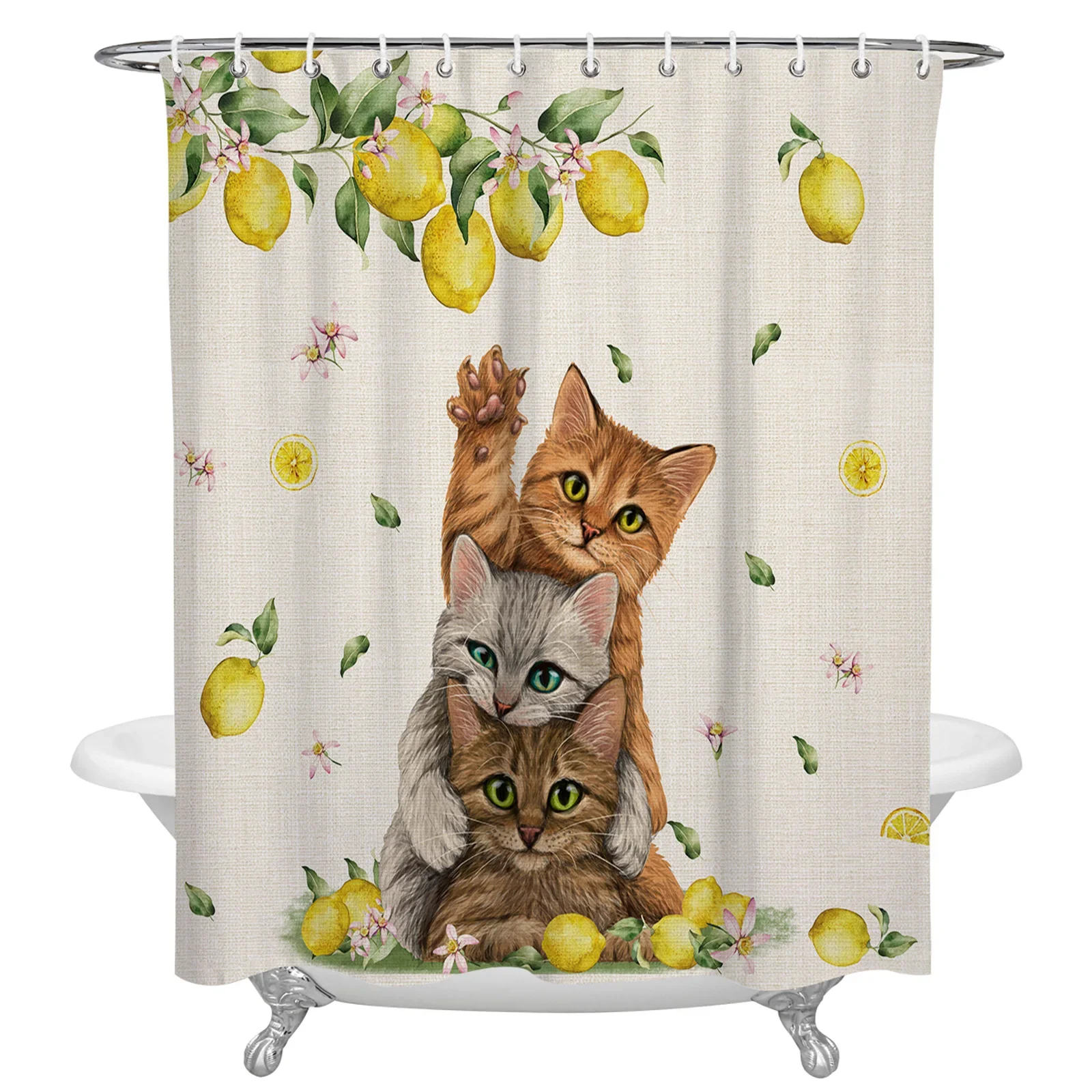 Summer Fruit Lemon Cat Shower Curtains Waterproof Bath Curtains Home Decor Modern Luxury Bathroom Curtain