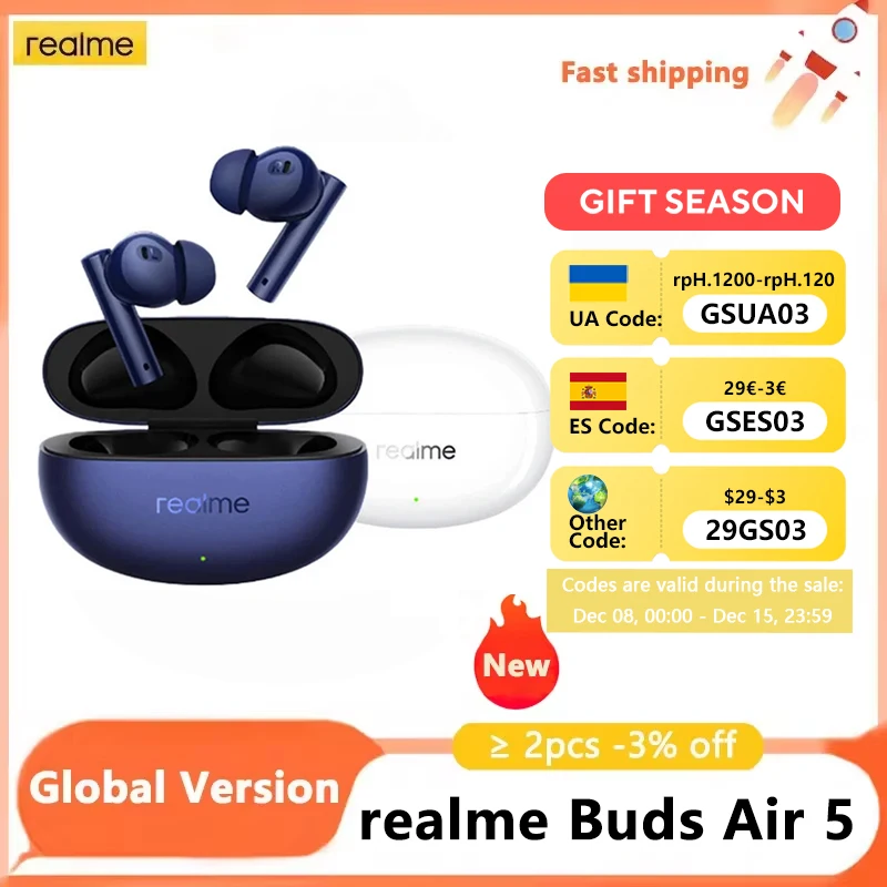 Global Version realme Buds Air 5 TWS Earphone 50dB Active Noise Cancelling True Wireless Bluetooth 5.3 38H Battery Life Headset