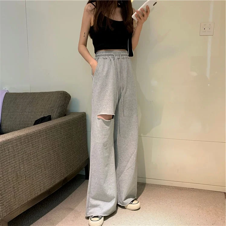 Gray Casual Loose High Waist Sport Pants for Women Summer Wide Leg Pants Student Style Cotton Commute Fashion Korean Version