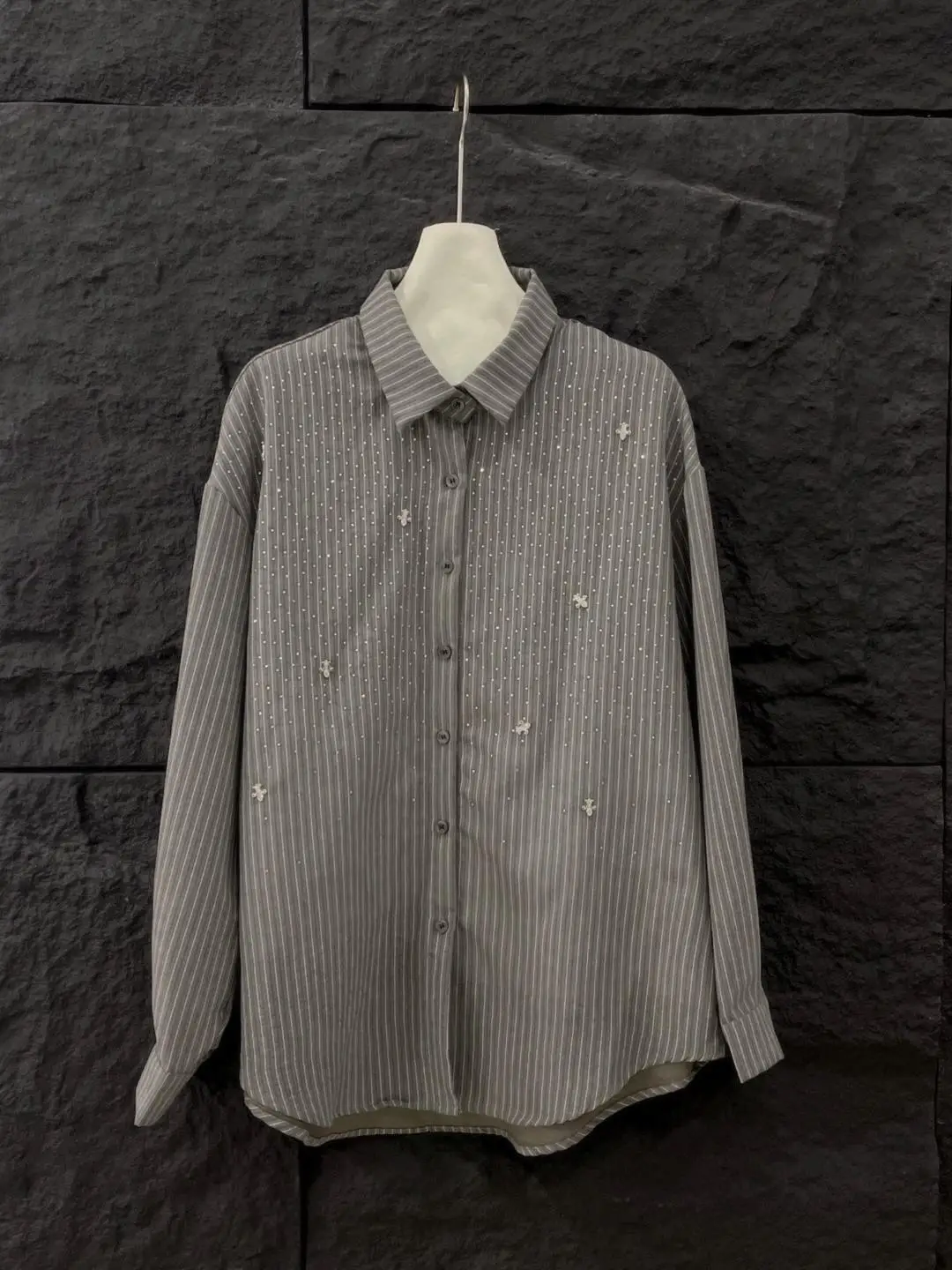 

Starry Cross Rhinestone Women's irt Long Sve Straight Cut Luxury Feelings Versatile Striped Pattern Cotton Blend