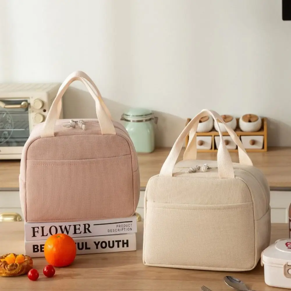 Compact Corduroy Insulated Lunch Bag Hand-Held Portable Thermal Lunch Bag Minimalist Large Capacity Lunch Box Storage Bag Picnic