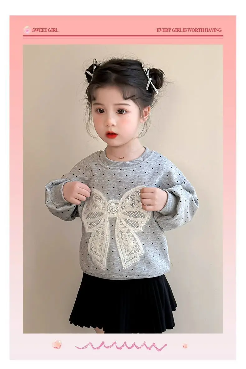 Kleinkind Mädchen Sweatshirt mit Großer Spitze und Schleife Lässiger Baumwoll-Pullover mit Punkten für Kleinkinder Rundhals Langarm Oberteil Kinderkleidung – Detail 10