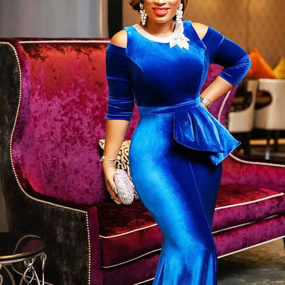 فستان نسائي مخملي عتيق أنيق بحاشية ذيل السمكة بطول الأرض بقصة ضيقة 3/4 كم فستان ماكسي حورية البحر فستان سهرة