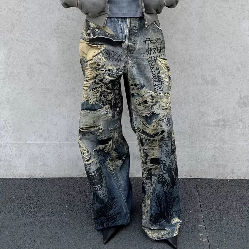 

Vitnage Torn Hole Patchwork Ripped Casual Loose Jeans Pants for Men and Women Wide Leg Casual Ripped Baggy Denim Trousers