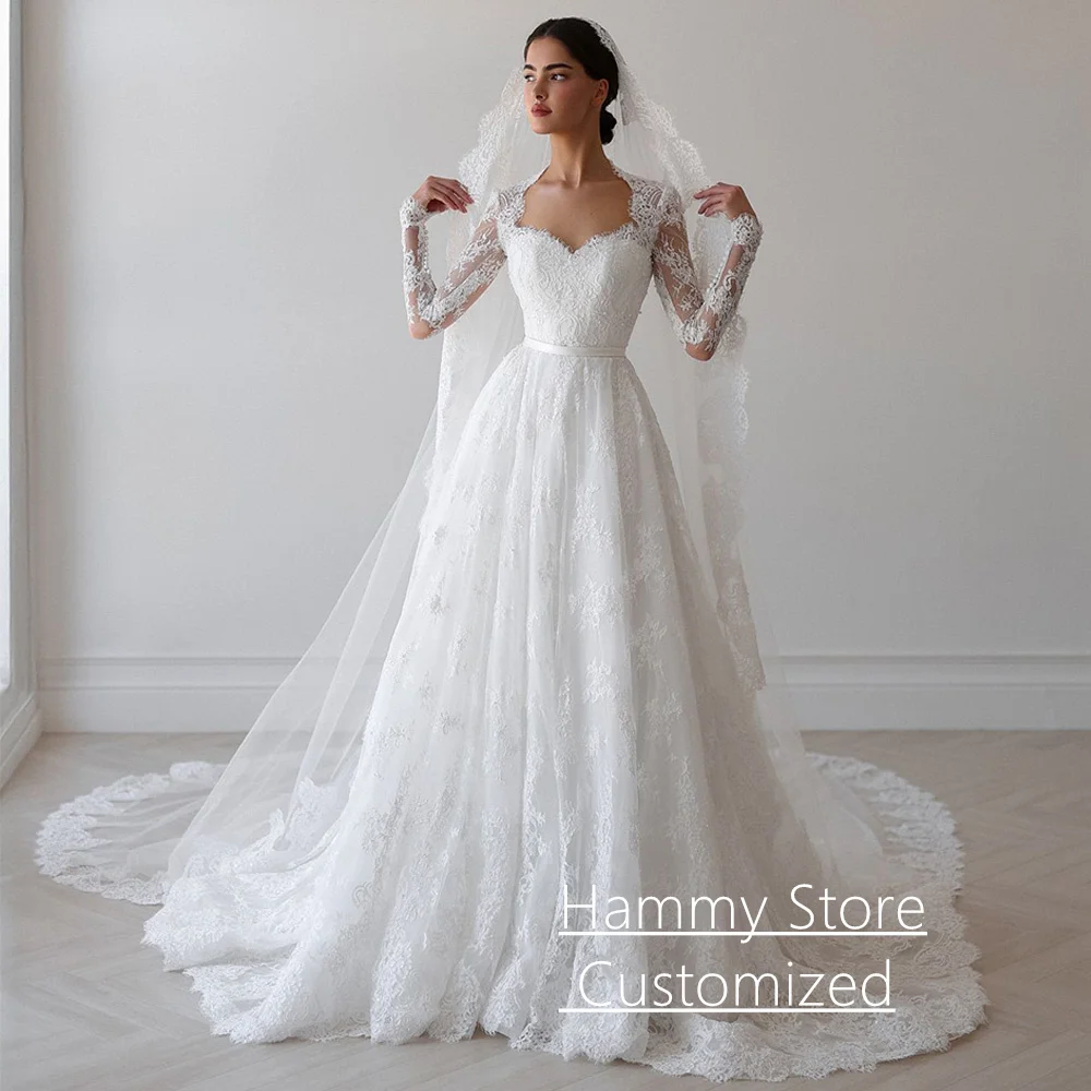 

Charming Lace Wedding Dresses Customized Sweetheart Long Sleeves Pearls Sweep Train A Line Saudi Bridal Gown Vestidos De Novia