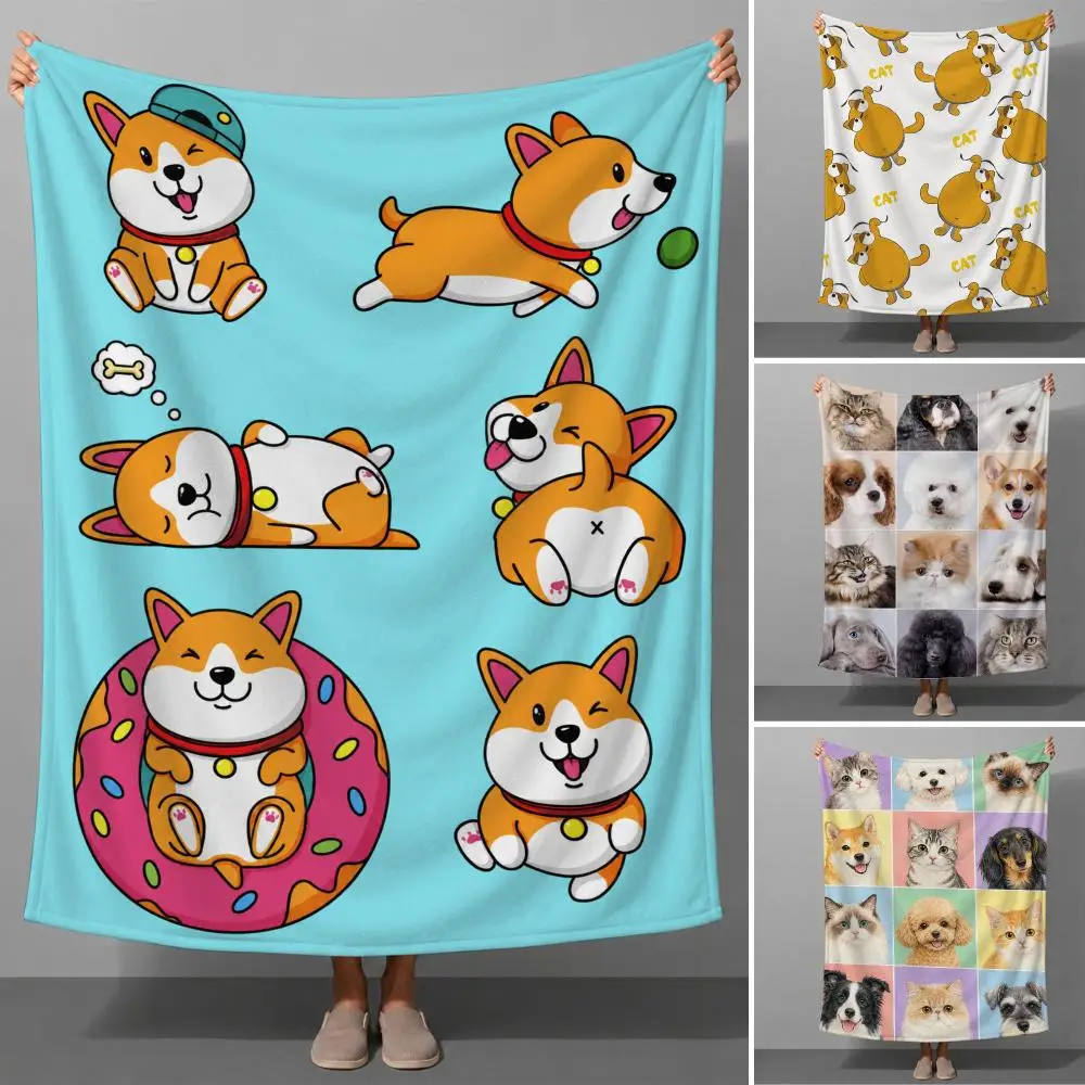 Cute Cats And Dogs Pet Cartoon Pattern Aesthetic Throw Soft Flannel Throw Blanket for Couch Bed Sofa Warm Cozy All Season