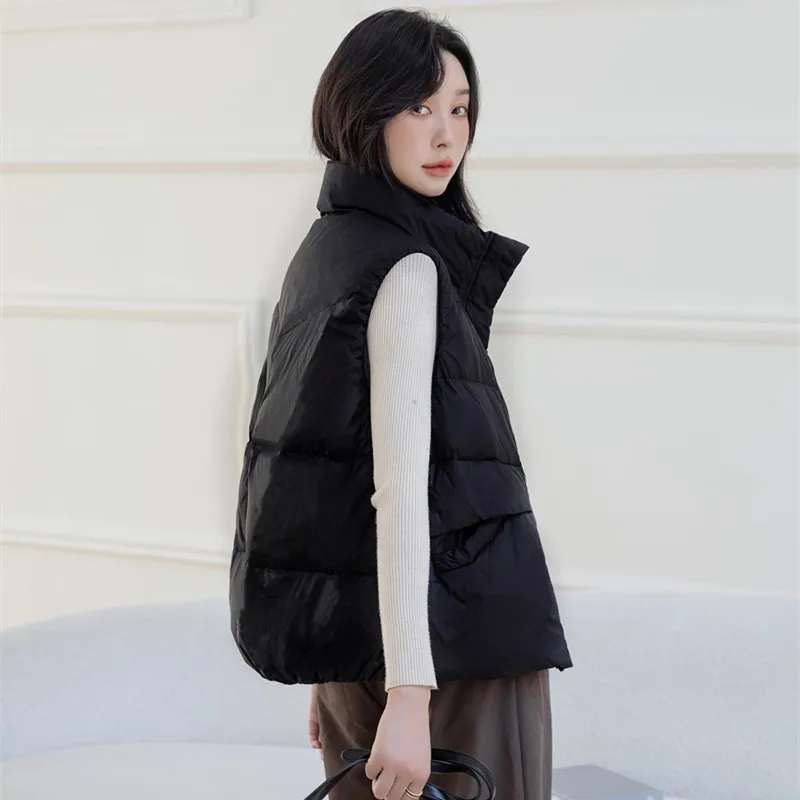 겨울 자켓 여성 2024 스타일 민소매 코트 베이지/블랙/화이트 스탠드 칼라 패션 짙어지면서 솔리드 컬러 다운 자켓