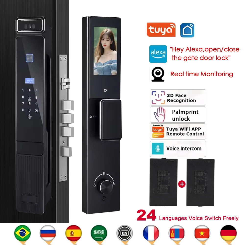 

Real Time Intercom Palm Vein Recognition Intelligente Tuya Wifi 3D Face Unlock Outdoor Front Smart Digital Door Lock With Camera