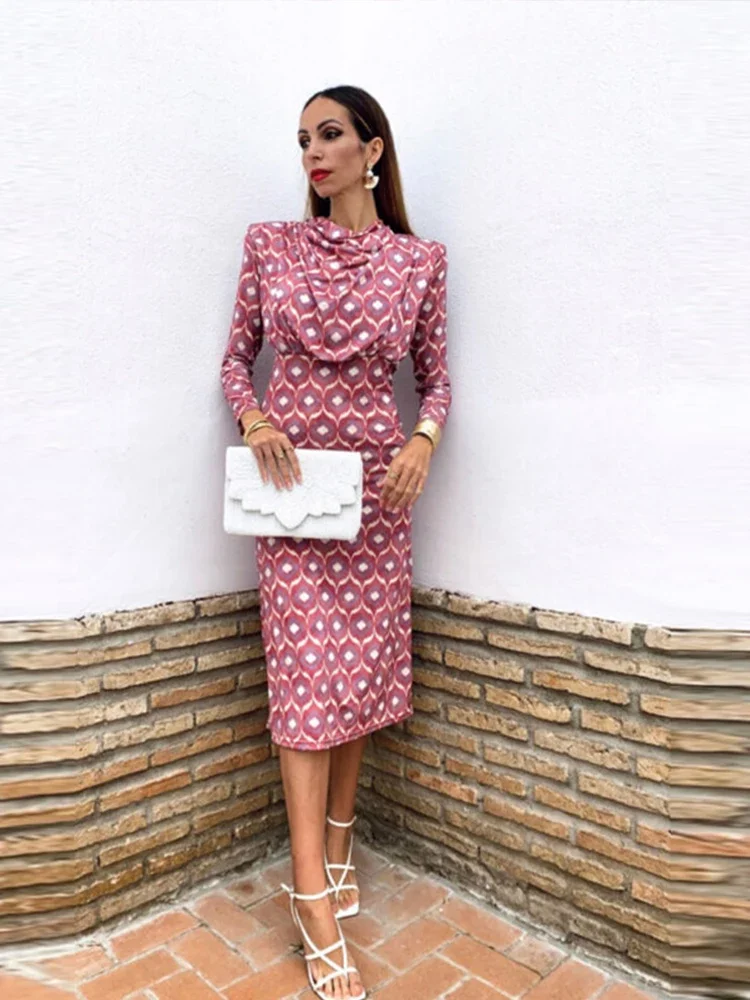 

Print O Neck Women Dress Pleated Long Sleeve Lady Dresses 2024 Fashion Beach Summer High Waist Holiday Party Female Vestidos