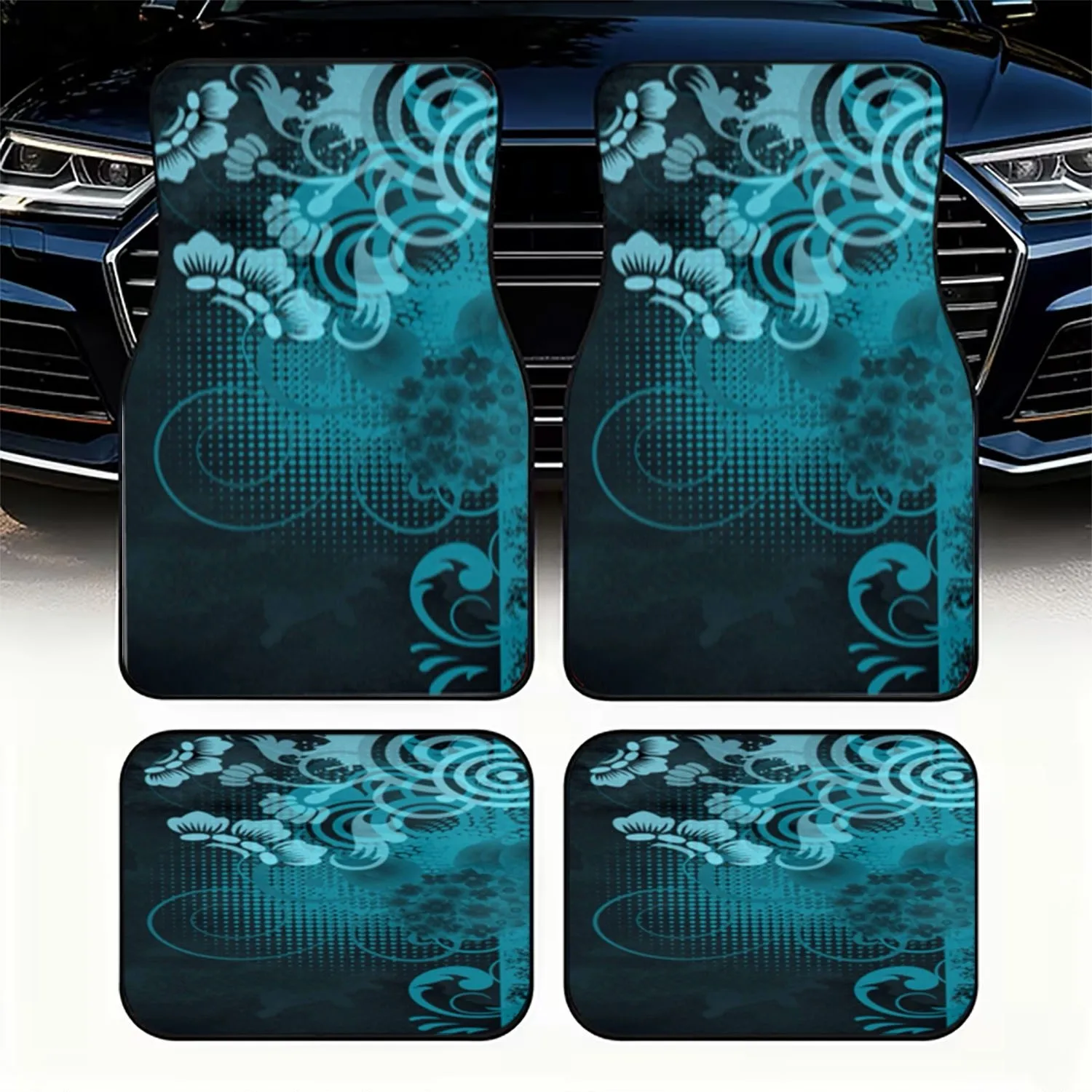 4pcs Car Floor Mats | Teal & Black Abstract Design, Polyester Material, Modern Vintage Aesthetic, Stylish Floral & Circular Patt