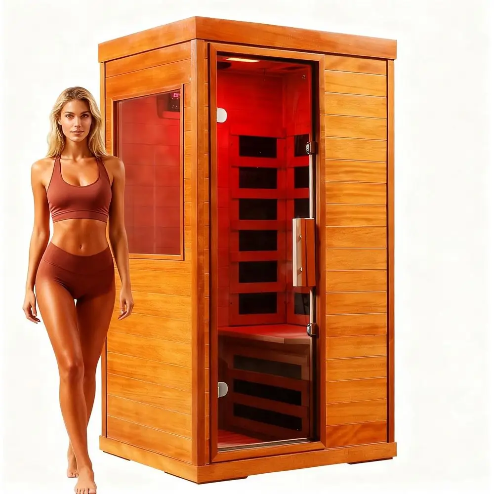 

2-Person Indoor Dry Sauna with 6 Carbon Fiber Panels, Bluetooth, 7-Color Lighting, Touch Control for Relaxation and Pain Relief