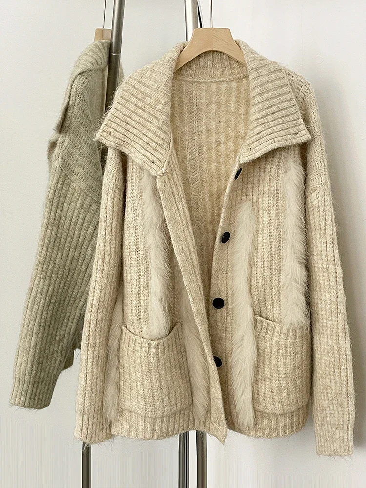 Nova moda primavera outono solto camisola feminina real pele de raposa cardigan roupas femininas botão oversized jaqueta de malha senhora