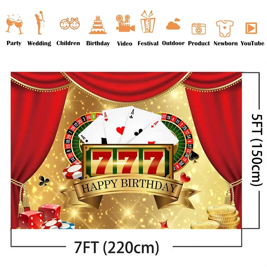 Happy Birthday Casino Party Backdrop Gold Glitter Party Decoration Las Vegas tło urodzinowe do studia fotograficznego czerwona kurtyna