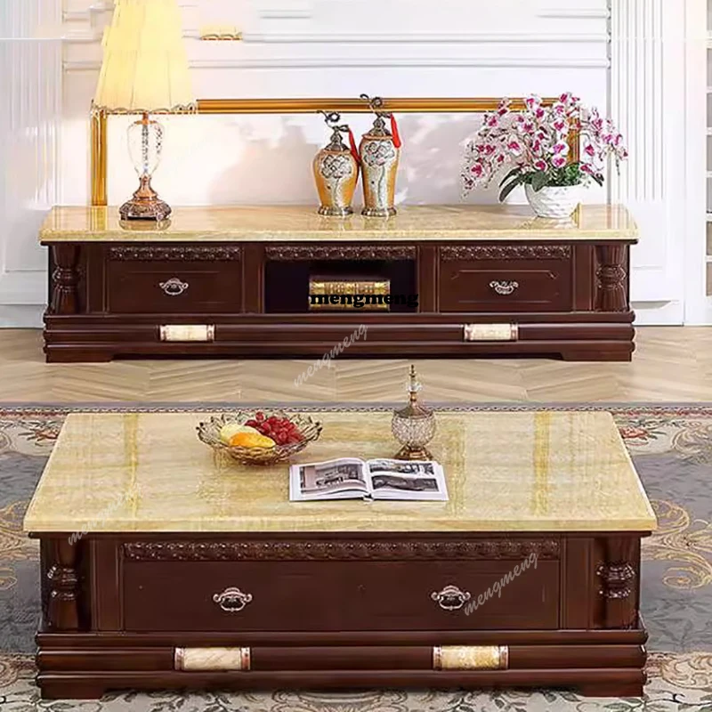 

European natural marble coffee table TV cabinet solid wood four drawers storage walnut classic coffee table