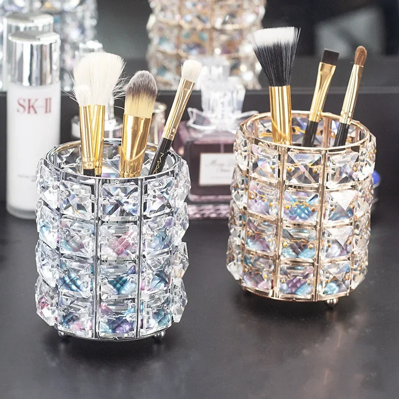 New Women Household Fashionable Metal Crystal Makeup Brush Storage Bucket Eyebrow Pencil Jewelry Storages Box Accept Rack Tools