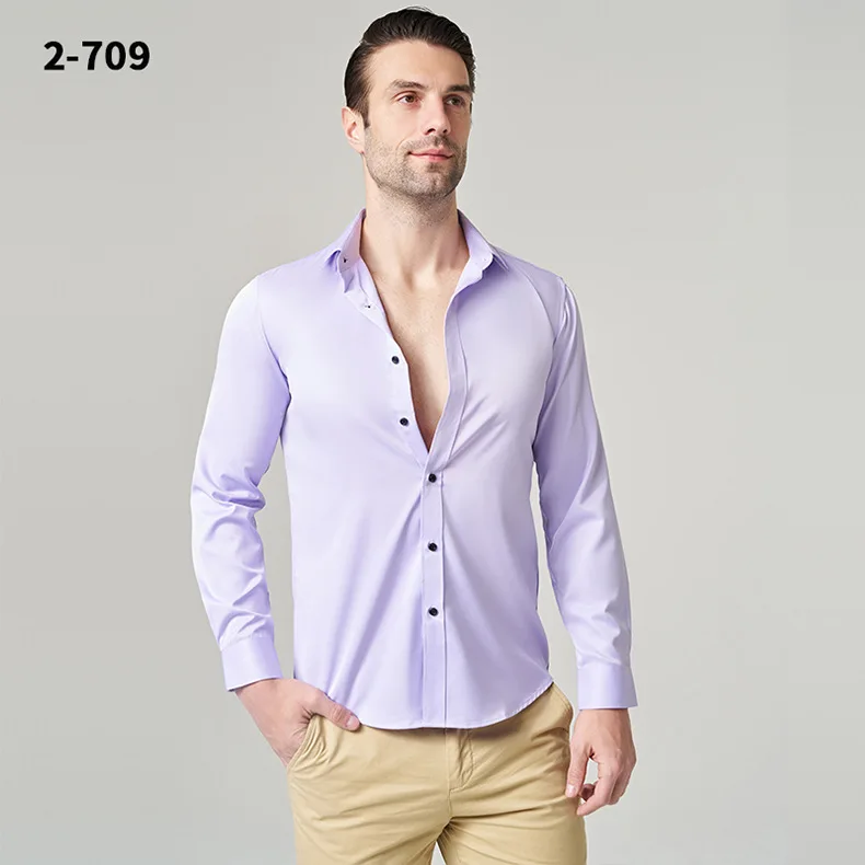 New Fall Collection: Men's Blue Long-sleeve Dress Shirts, Single-breasted Purple Stretch-collar Shirt. Black, White, Red, Gray.