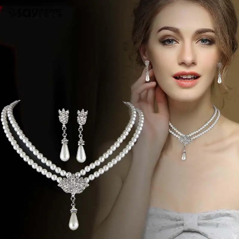 

1Set Rhinestone Pearl Drop Necklace+Earrings Elegant Simulated-pearl Bridal Jewelry Sets Wedding Bridal Jewelry Gift