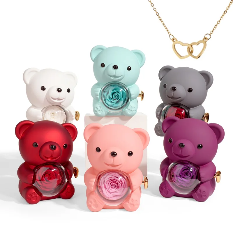 Rotate Rose Necklace Jewelry Box Eternal Rose Teddy Bear Gifts Box Valentine's Day Exquisitely Prepared Pendant Gift Box