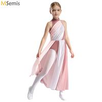 Kids Girl Lyrical Modern Dance Dress Asymmetric Split Ballet Gymnastics Leotard Figure Ice Skating Dancewear Performance Dresses