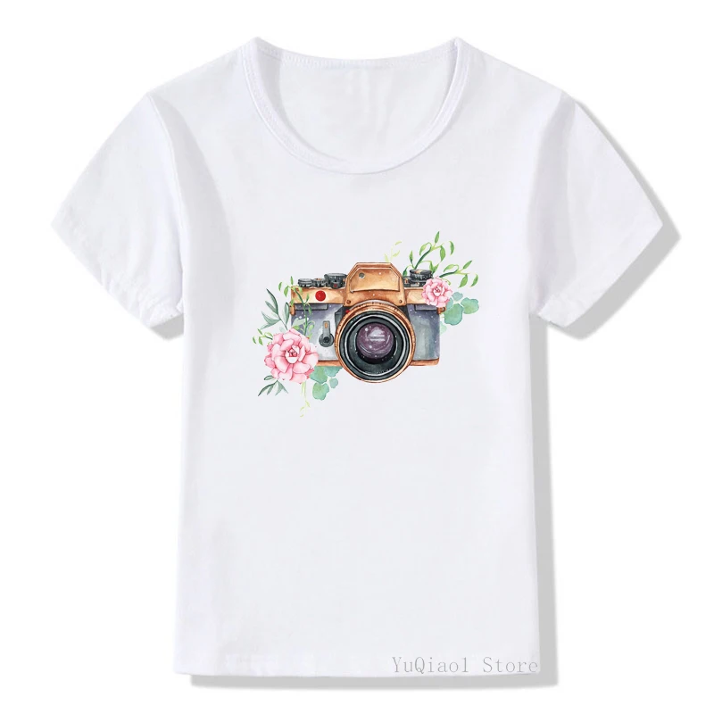 New Vintage Flowers Camera Print T Shirt Lovely Girls Clothes Tshirt Summer Top Cute T-shirts for Tees White Children’s Clothing