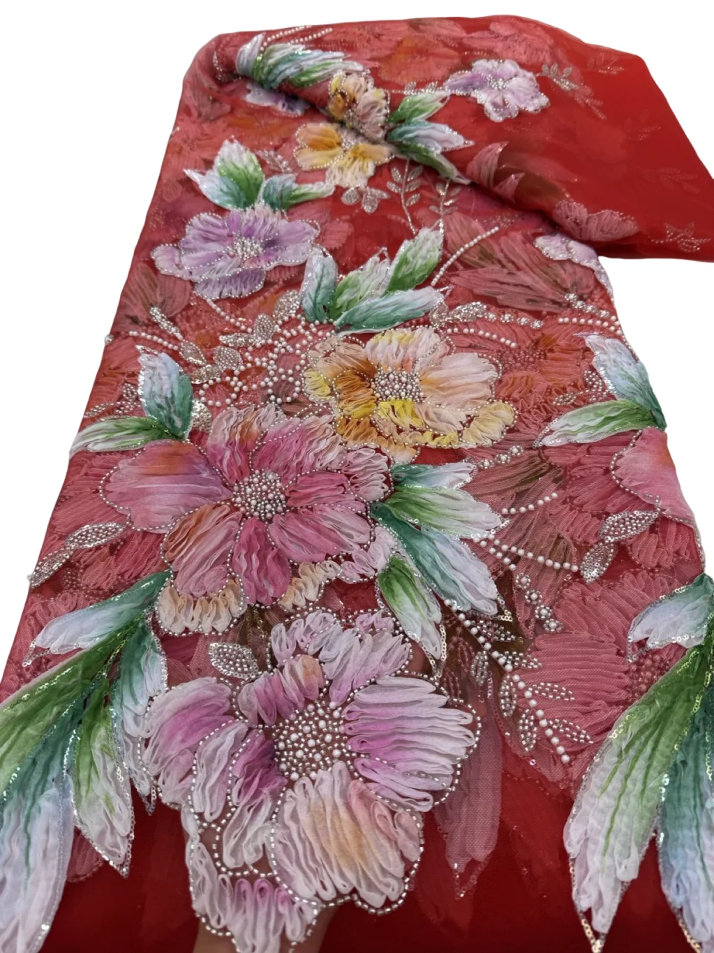 

African Ribbon Print Lace Fabric 2026 High Quality 5Yard Nigerian Elegant 3D Embroidered Lace Fabric With Beads For Party Dress