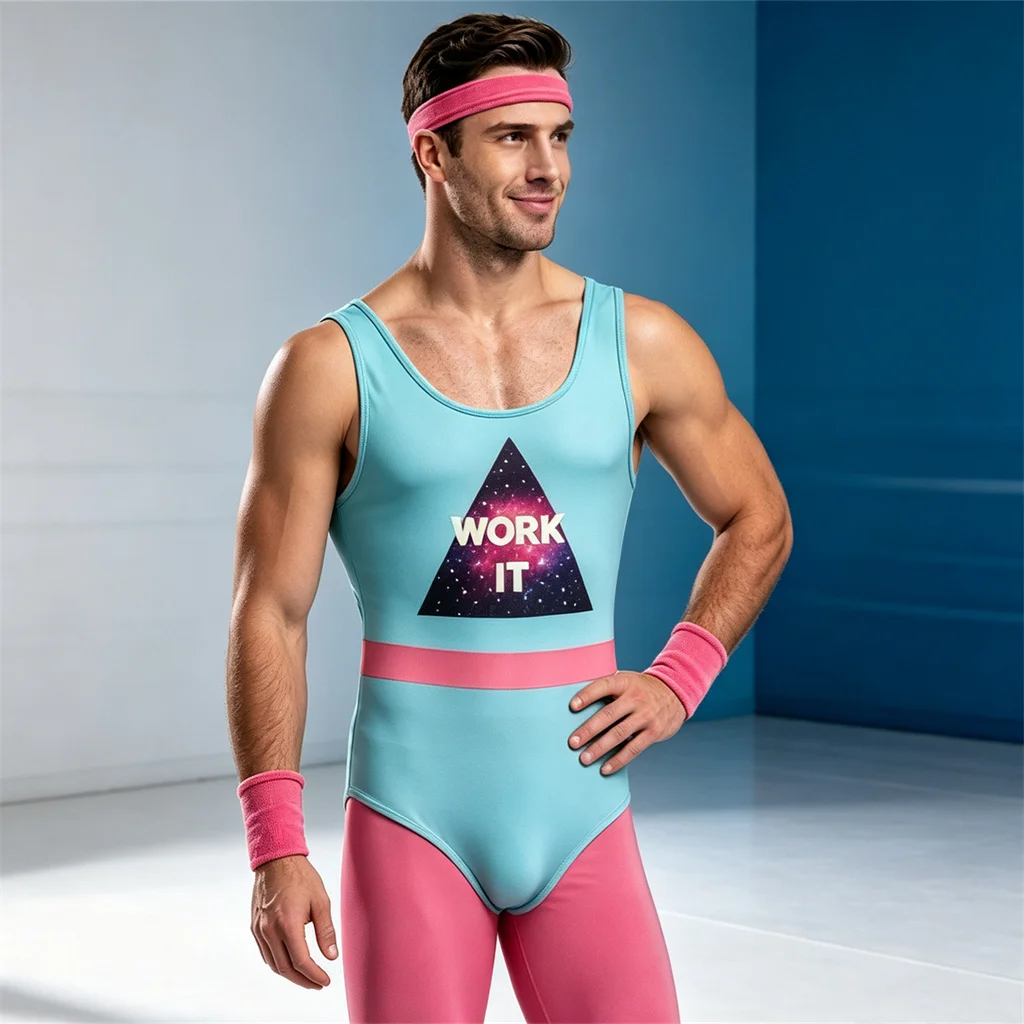 Traje Deportivo Retro Rosa y Azul de los 80, Disfraz de Cosplay para Gimnasio, con Diadema, para Halloween, Carnaval y Fiestas
