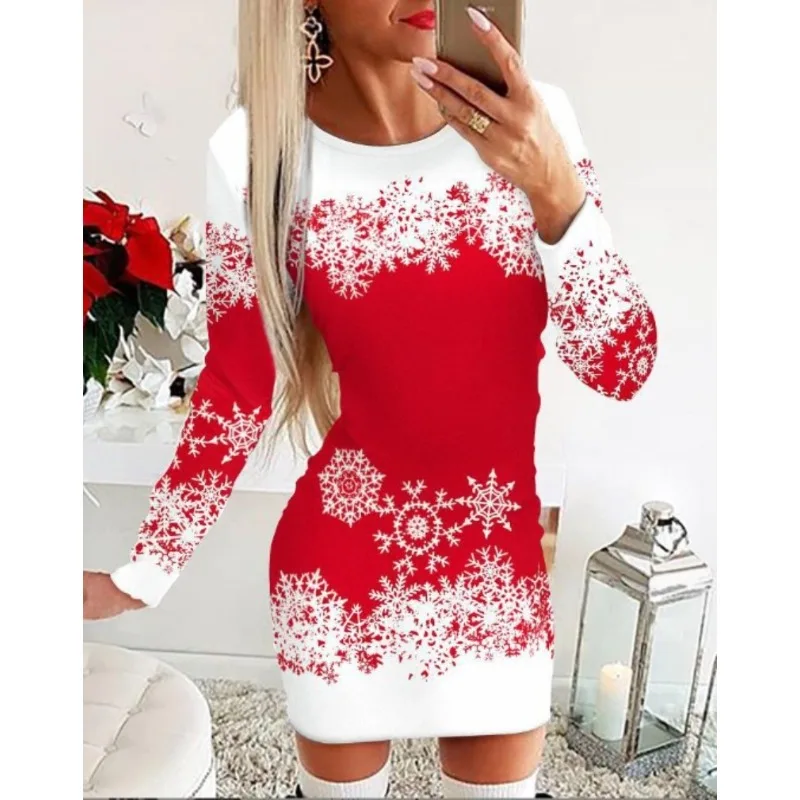 

New 2023 Spring and Autumn Creative Christmas Fashion Printed Long Sleeve Tight Hip Dress