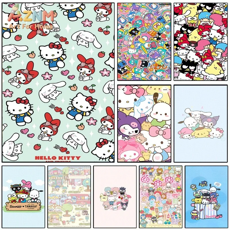 Sanrio Friends Canvas Poster Cute Cartoon Print Unframed Canvas Art Hello Kitty Cinnamoroll Kuromi Fruit Kawaii Aesthetic Wall