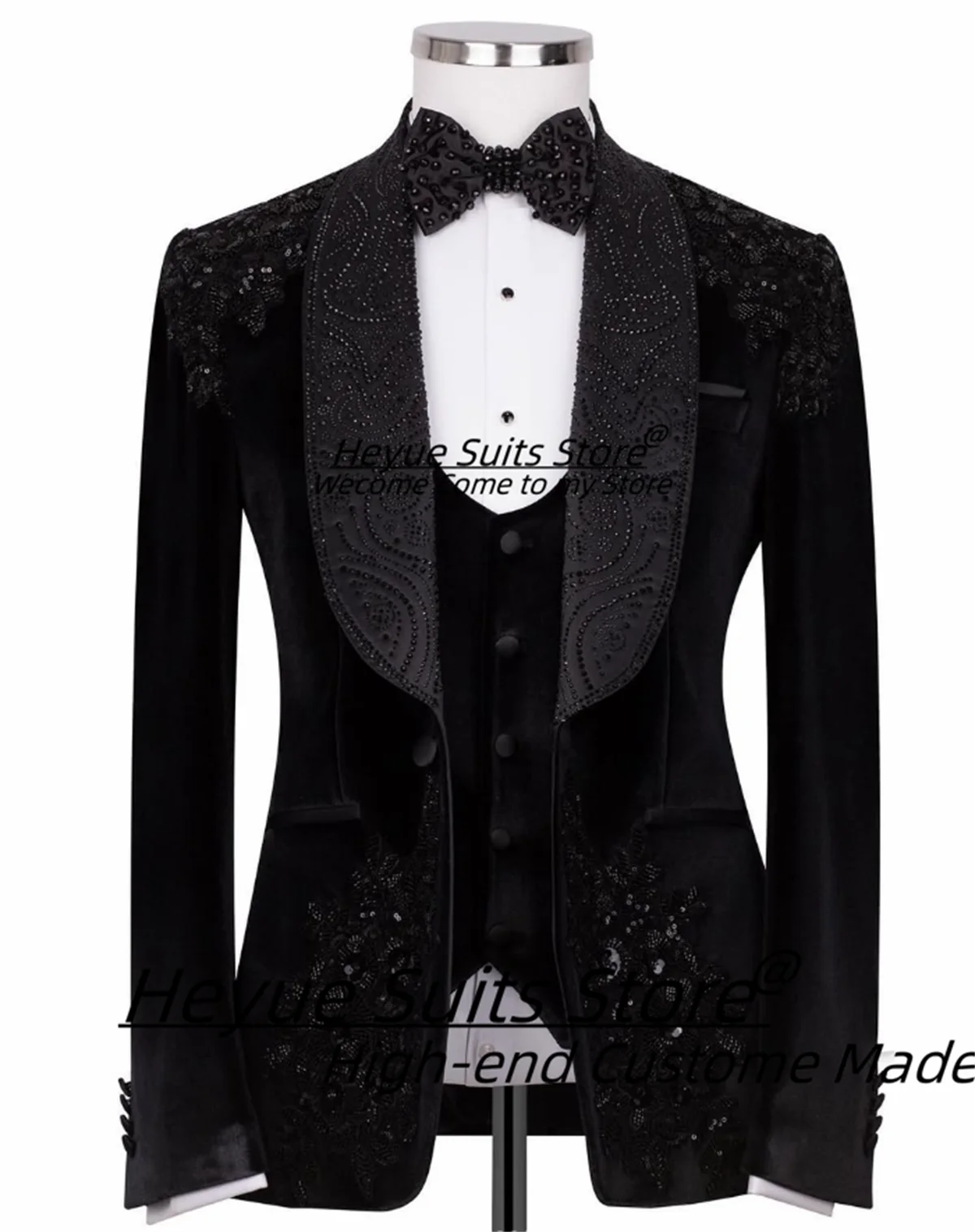 

Luxuly Black banquet Male Prom Blazers Customized Slim Fit Shawl Lapel Groom Wedding Tuxedos 3Pieces Sets Business Costume Homme
