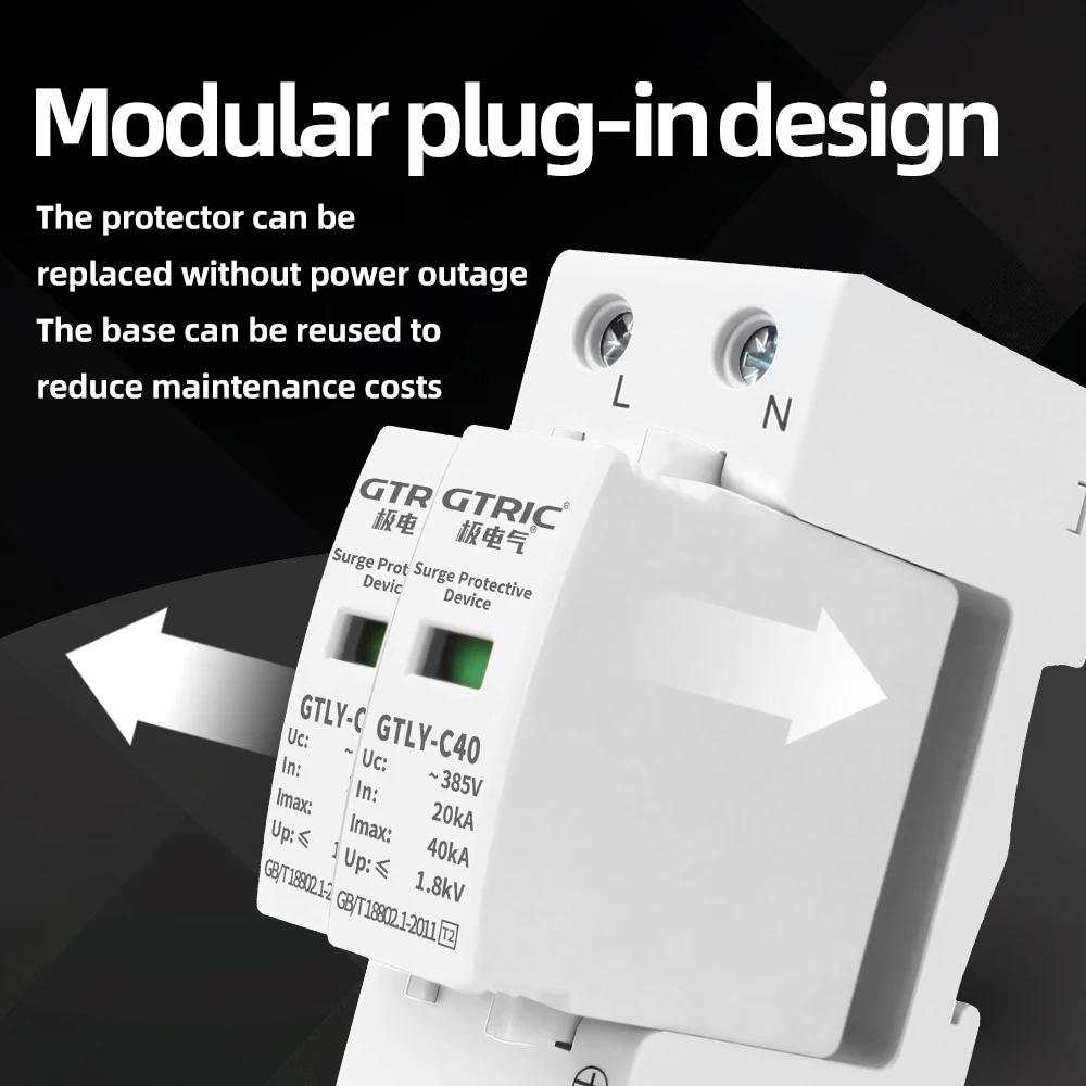 GTRIC 2P AC SPD 서지 보호 장치 40KA 60KA 220V 385V 주택 번개 서지 보호기 태양광 저전압 피뢰기 장치