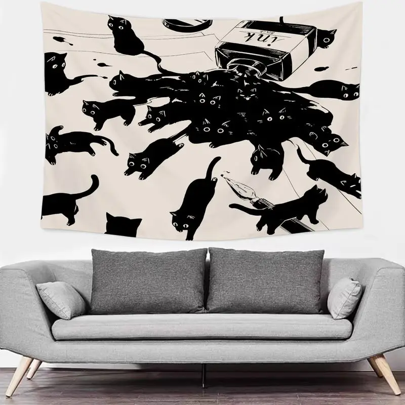 VIKAMA Simple Black Cat Japanese Ins Tapestry, High Definition Wear-Resistant Fabric Wall Art for Minimalist Living Room
