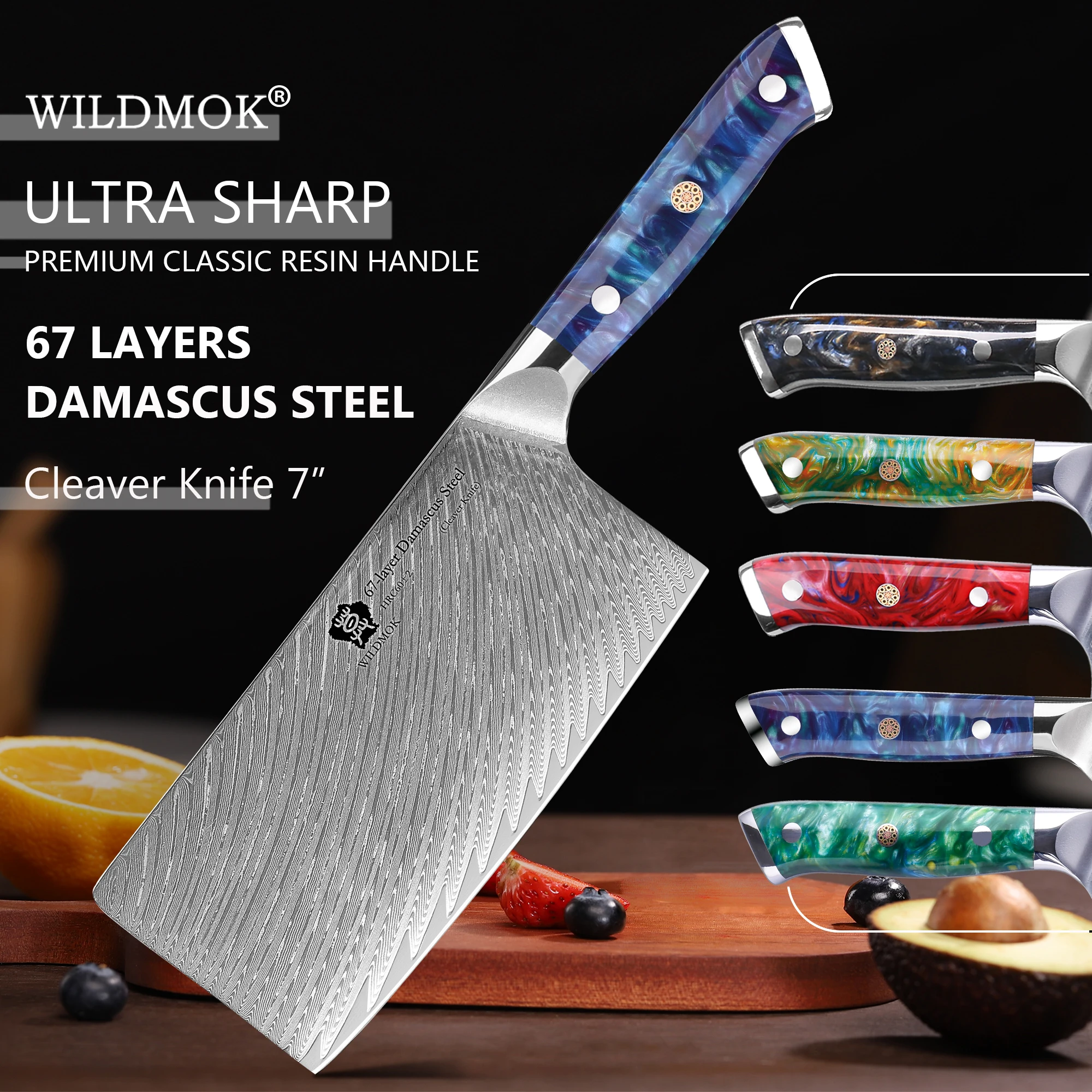

WILDMOK Meat Cleaver Knife -7" Damascus VG10 Steel Core Blade, Resin Handle, Heavy Duty Blade for Home Kitchen and Restaurant