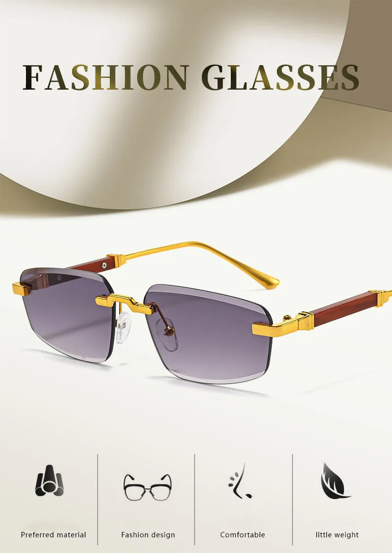 2026 Holz Randlose Sonnenbrille Frauen Trendy Sonnencreme Vintage Sonnenbrille Männer Urlaub Mode Gläser Lentes De Sol Mujer Okulary – Detail 3