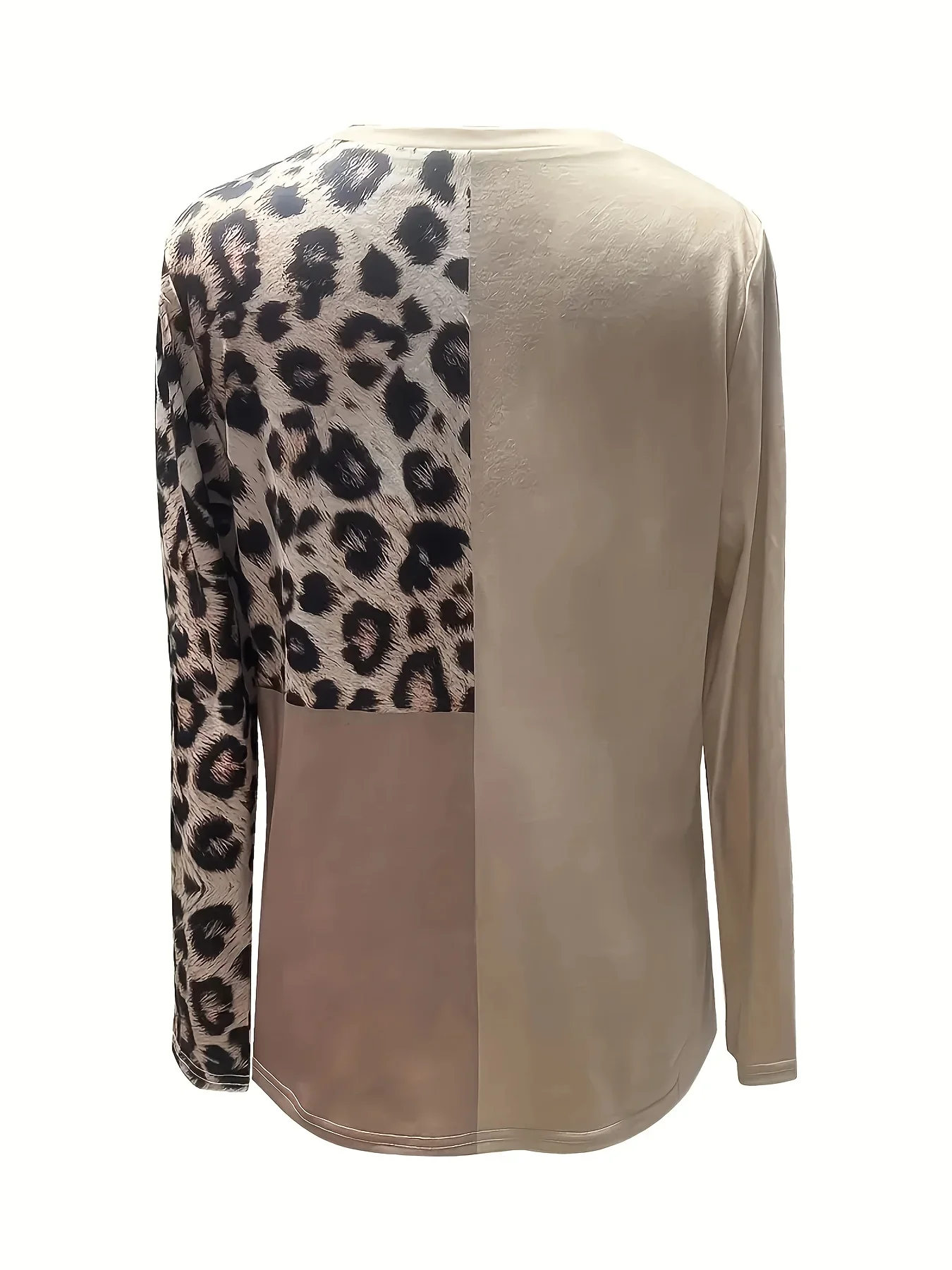 Asymmetric Color Block Top Women Round Neck Long Sleeve Leopard Patchwork Casual Shirt