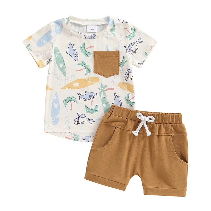 Infant Baby Boys Sea Animal Shorts Sets 2Pcs Summer Outfits Crab Turtle Print Short Sleeve T-Shirt and Shorts Suit