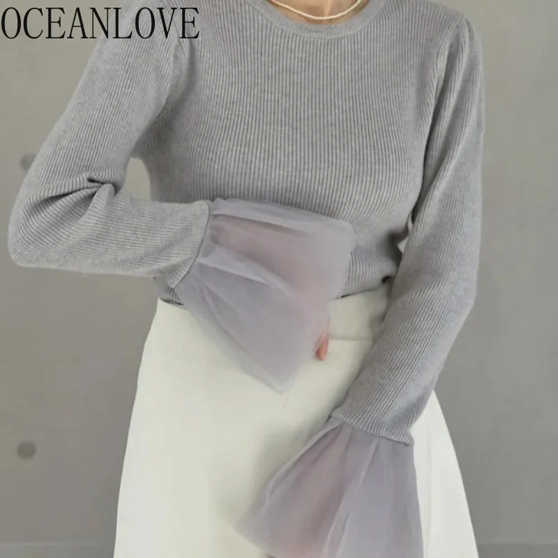 OCEANLOVE Flare Sleeve Women Sweaters Mesh Patchwork Japanese Style Retro Pullovers Autumn Winter Elegant Solid Pull Femme