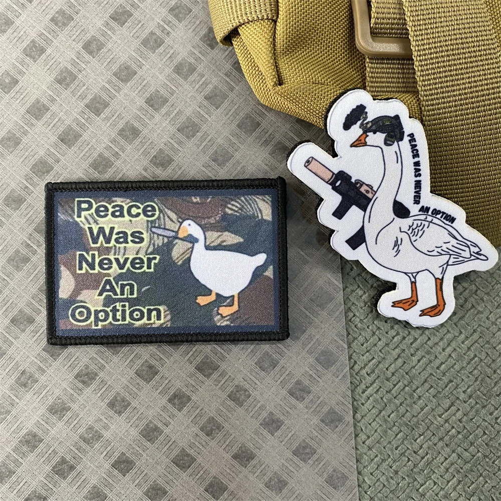 Peace Was Never An Option Tactical Patch Goose Morale Badge Armband Violent Little Yellow Duck with Knife Printing Hook and Loop