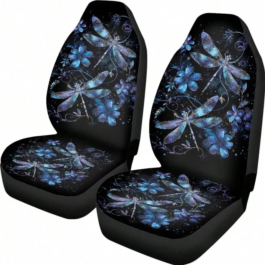 2 PCS Dragonfly Floral Print Car Seat Covers Universal Front Bucket Seat Protector Interior Decor
