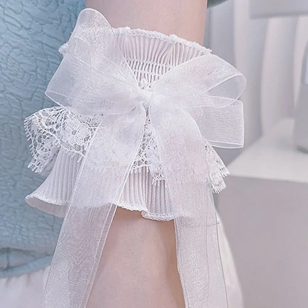 Arm Warmers Bowknot Arm Sleeve Elastic Ruffled Floral Layered Lace Arm Cover with Long Ribbon Oversleeves Wrist Cuffs Bridal