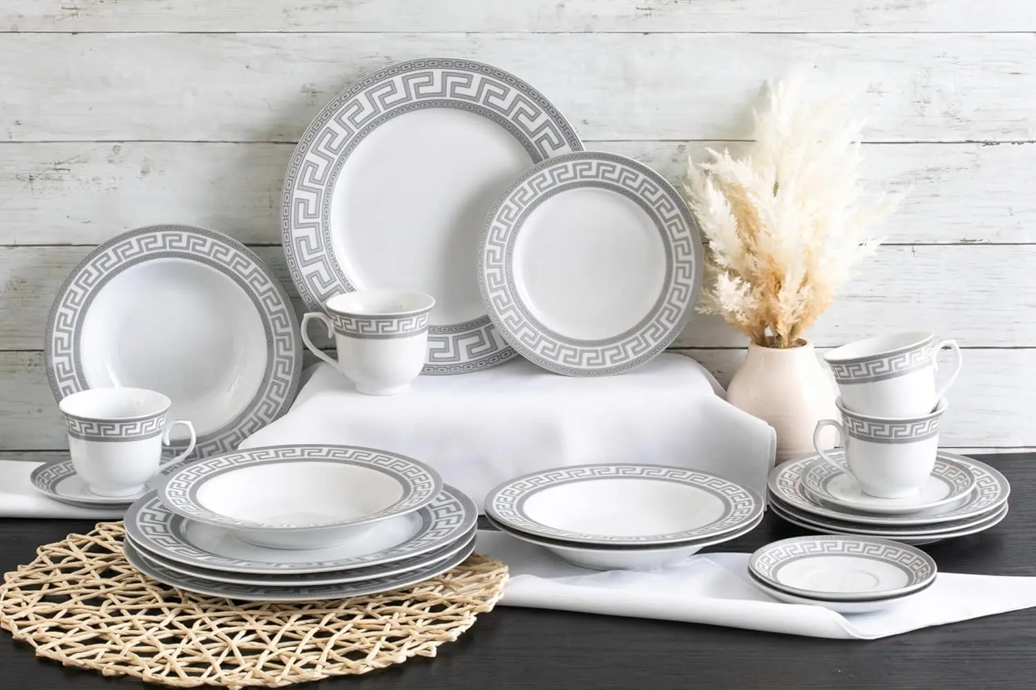 طقم أواني طعام فاخر مكون من 20 قطعة - خدمة لـ 4 أشخاص - تصميم حافة مفتاح يونانية فضية عتيقة - أطباق وأوعية سيراميك أنيقة - Cl