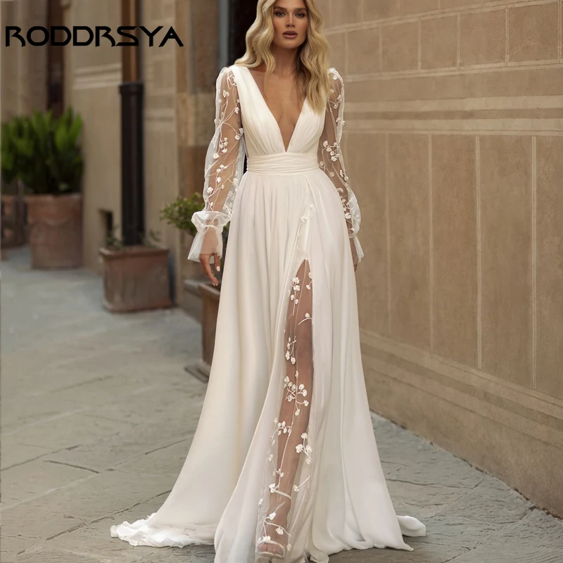 RODDRSYA vestido de novia plisado con cuello en V, Apliques de encaje, mangas abullonadas, ilusión, abertura lateral, espalda descubierta Sexy vestido de novia plisado de cuello V vestido de encaje de manga esponjosa v