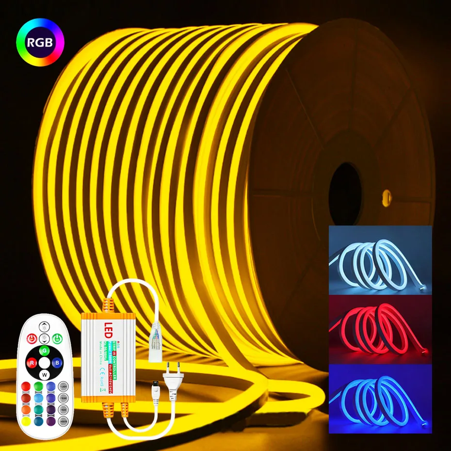 AC 220V RGB LED Strip Neon Waterproof With Remote 1500W EU Plug 72Leds/M SMD 5050 Garden Home Decor Flexible Ribbon Tape Lights