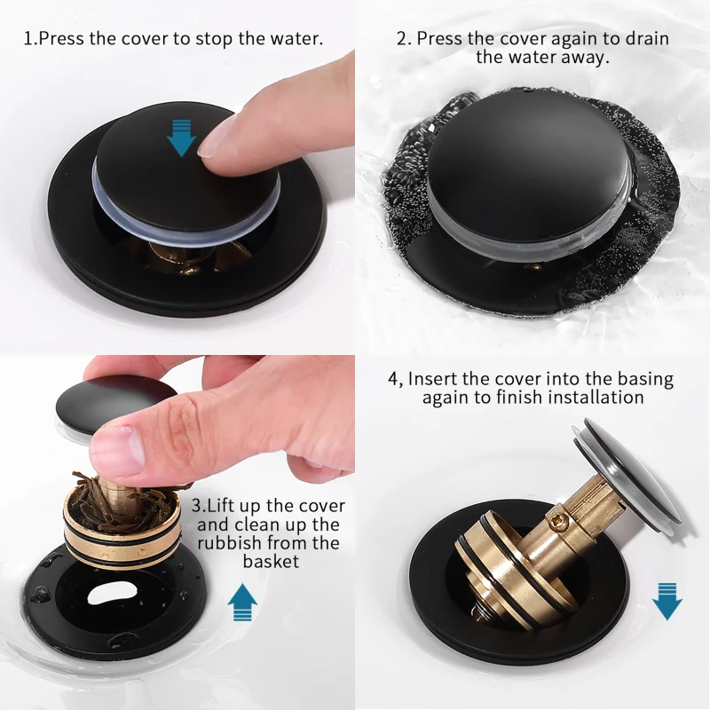 

Black & Gold Sink Drain Stopper SUS 304 Stainless Steel Brass Construction Durable And Leak Proof BRASS Strainer Basket