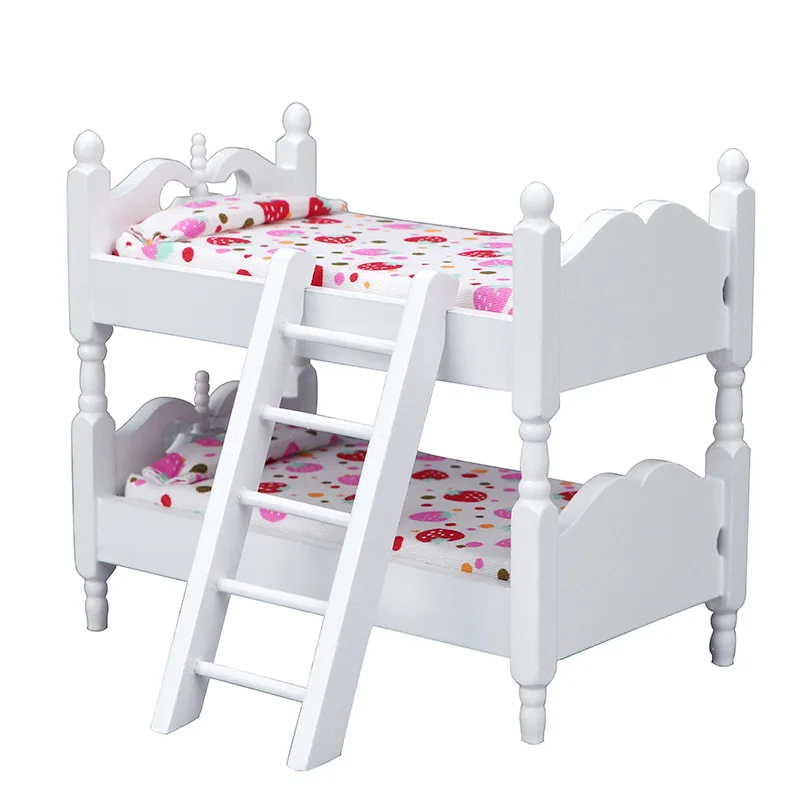 Meubles miniatures pour chambres d'enfants, accessoires pour maison de poupée, blanc, Adorable lit Miniature à Double couche, modèle de jouets, 1:12
