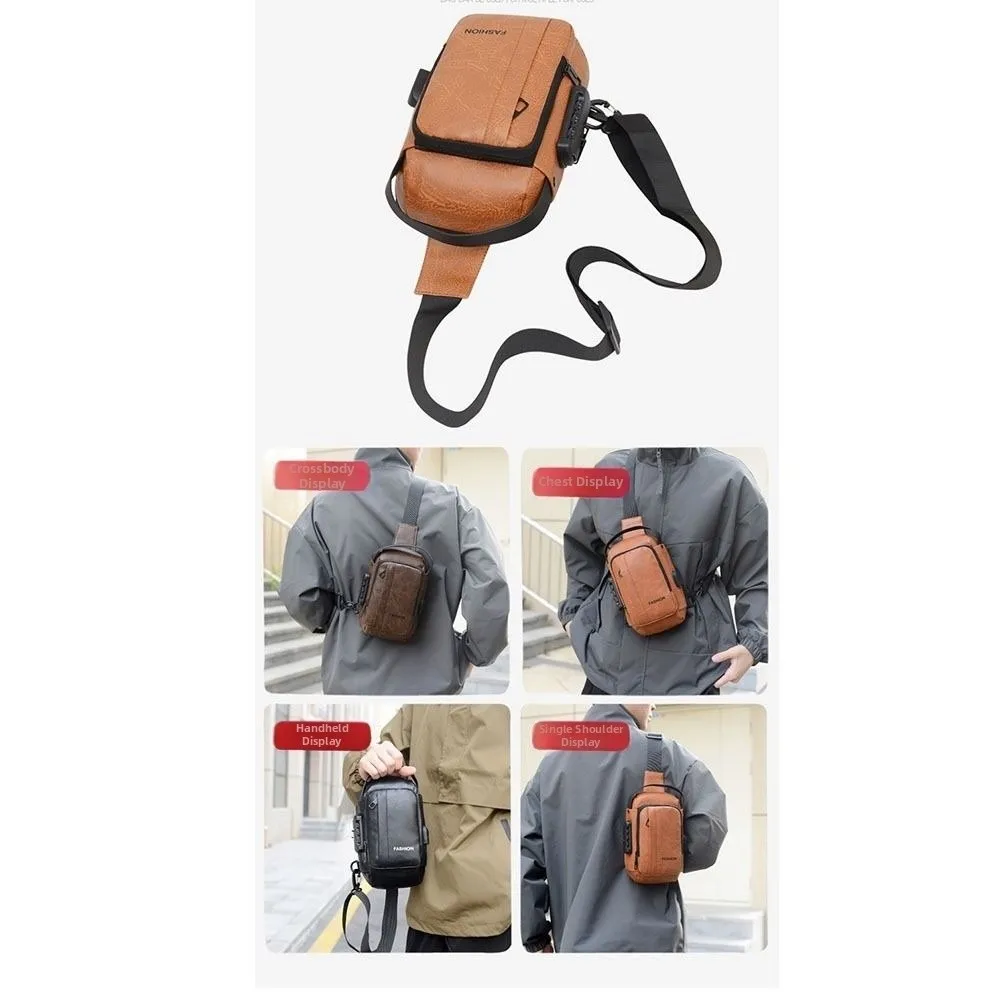 

Anti-Theft Men's Chest Bag PU Leather Waterproof Men's Crossbody Sling Bag Large Capacity with USB Charging Single Shoulder Bag
