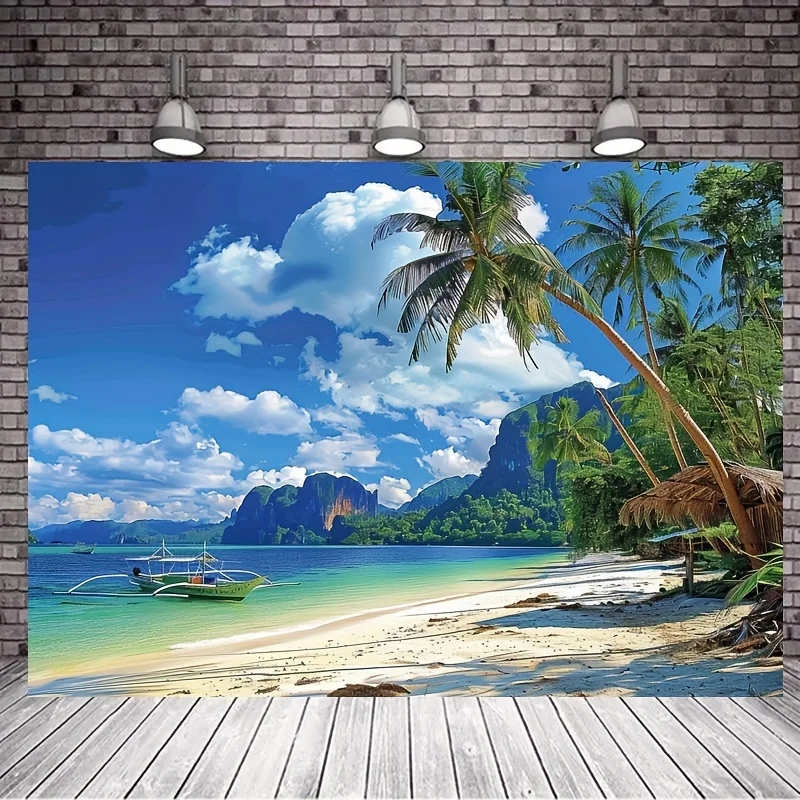 Summer Tropical Beach Backdrop - Vibrant polyester photo backdrop with palm trees, Hawaiian themed party decorations