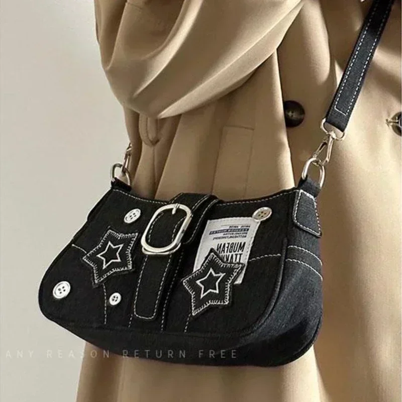 Fashion Women\'s Handbags Stars Pattern Cool Girls Underarm Bag Y2k Fashion Canvas Female Small Shoulder Bags Chain Tote Purses