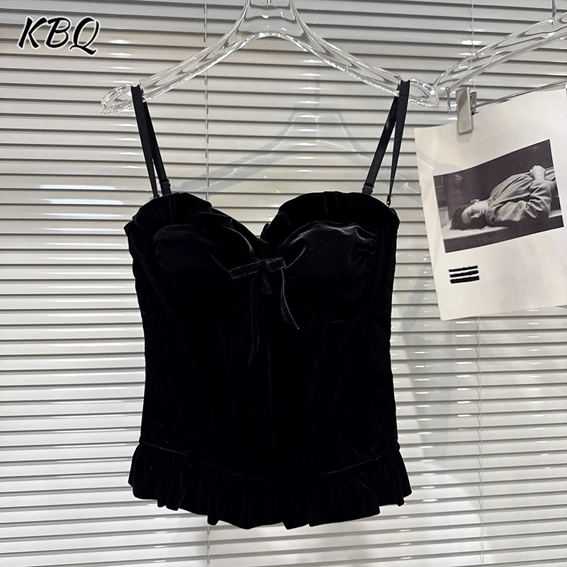 

KBQ Solid Spliced Ruffles Folds Backelss Sexy Velvet Vests for Women Strapless Sleeveless Tunic Slimming Vest Female Fahsion New